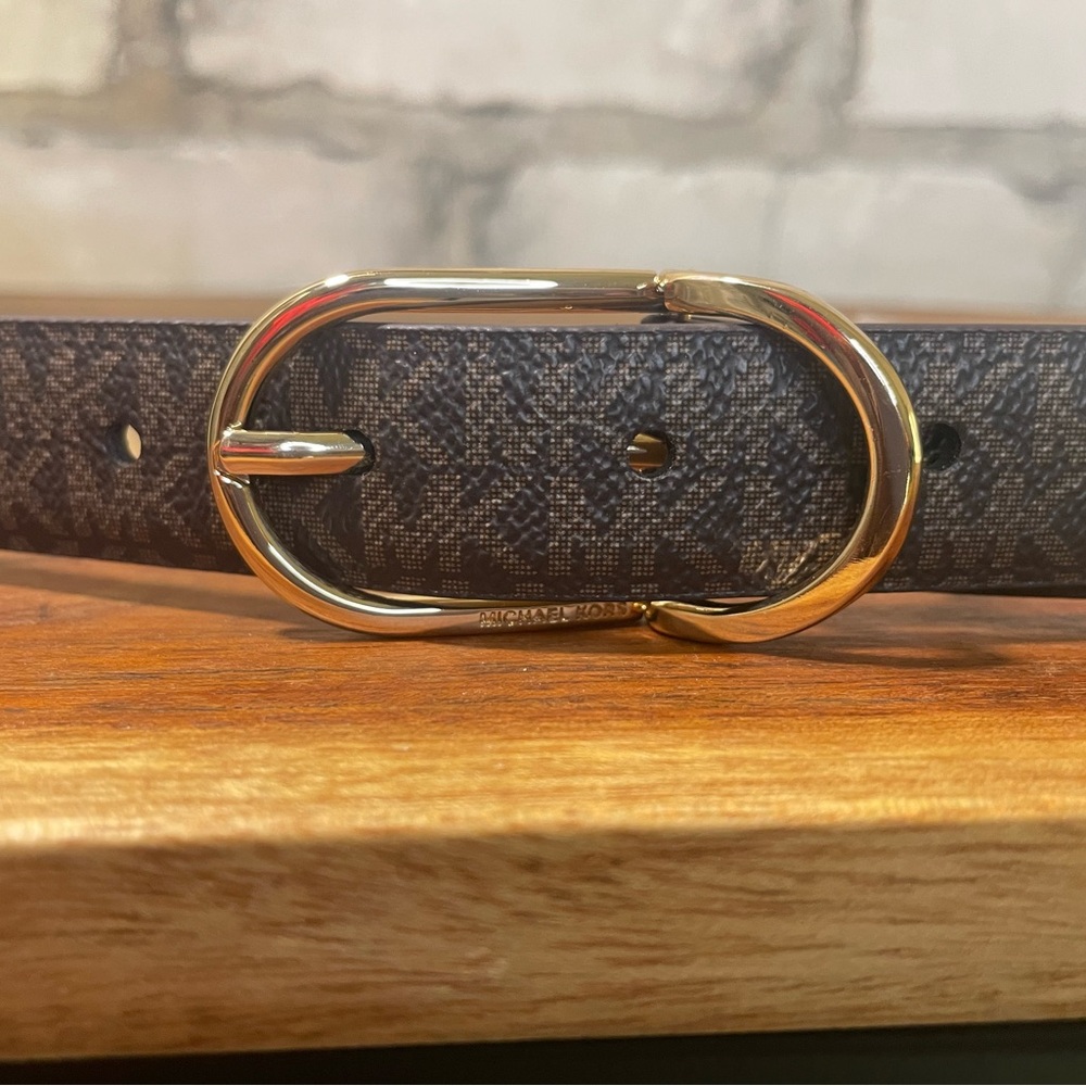 Michael Kors Dark Brown Monogram Belt with Gold Buckle / Unisex Sz. XL - Picture 3 of 9